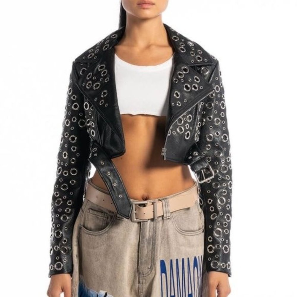 Miz 360: Circle of Life Cropped Grommet Vegan Leather Moto Jacket Large - Picture 12 of 13